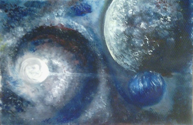 "Космос-1", акрилни бои върху хартия, 18х24х см, худ. Габриела Цанева; Цена лимитиран отпечатък формат А4 -
30 лв.