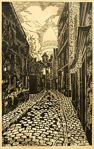 Парижка улица, гравюра на дърво-хартия 36х22